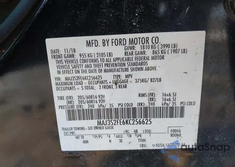 2019 Ford Ecosport S из США, поврежденный, VIN MAJ3S2FE6KC256625